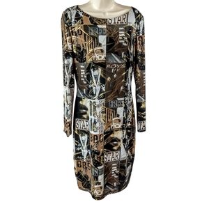 Y2K Cache Long Sleeve Graphic Print Dress - Brown, Metallic Gold, and Black